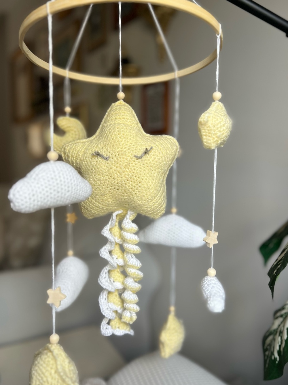 Handmade Yellow and White Star Baby Mobile - Soft Crochet Nursery Mobile